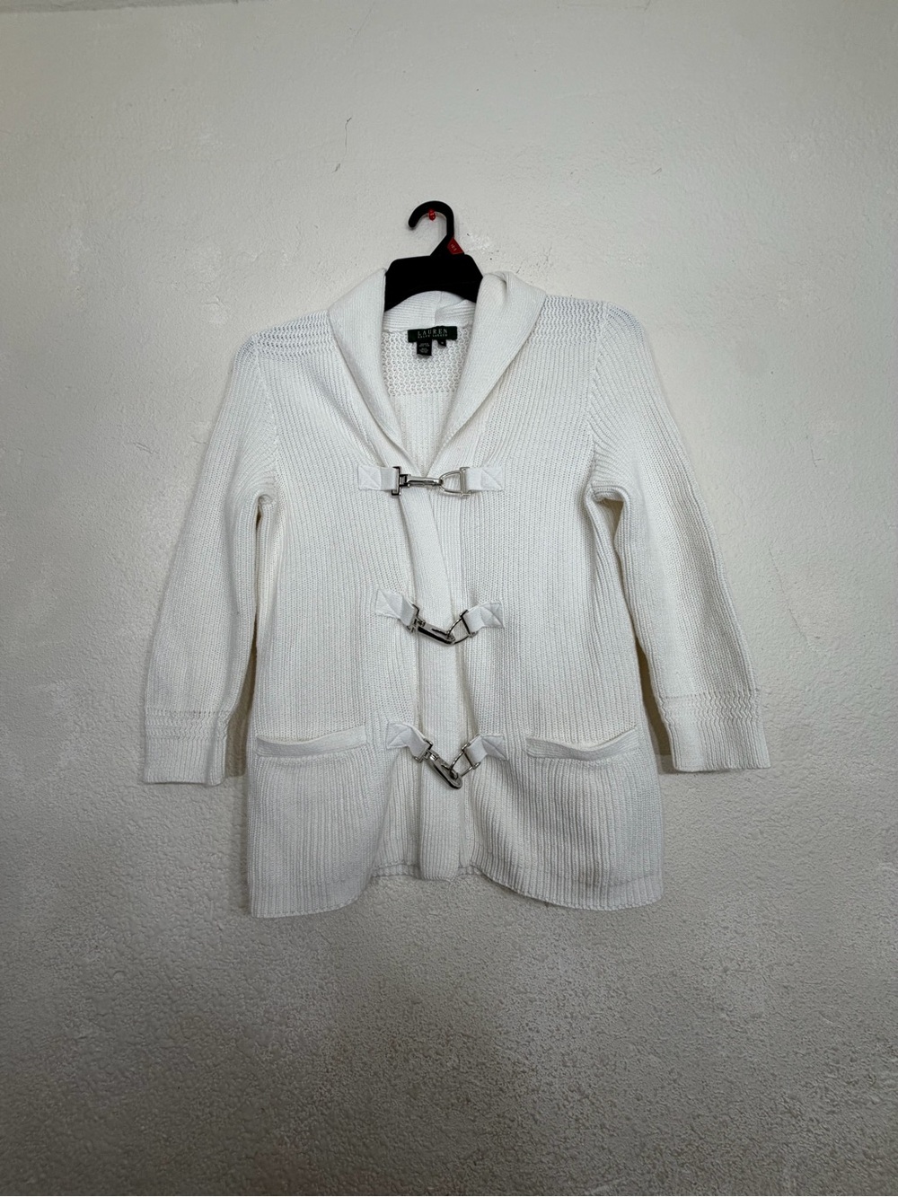 VTG Lauren Ralph Lauren Cream Waffle Knit Collared Zip Sweater Medium